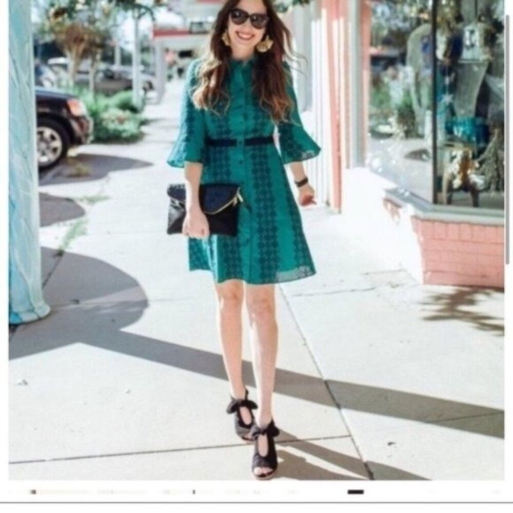 Draper James Embroidered Button Front Shirt Dress Green and Navy Mini Dress